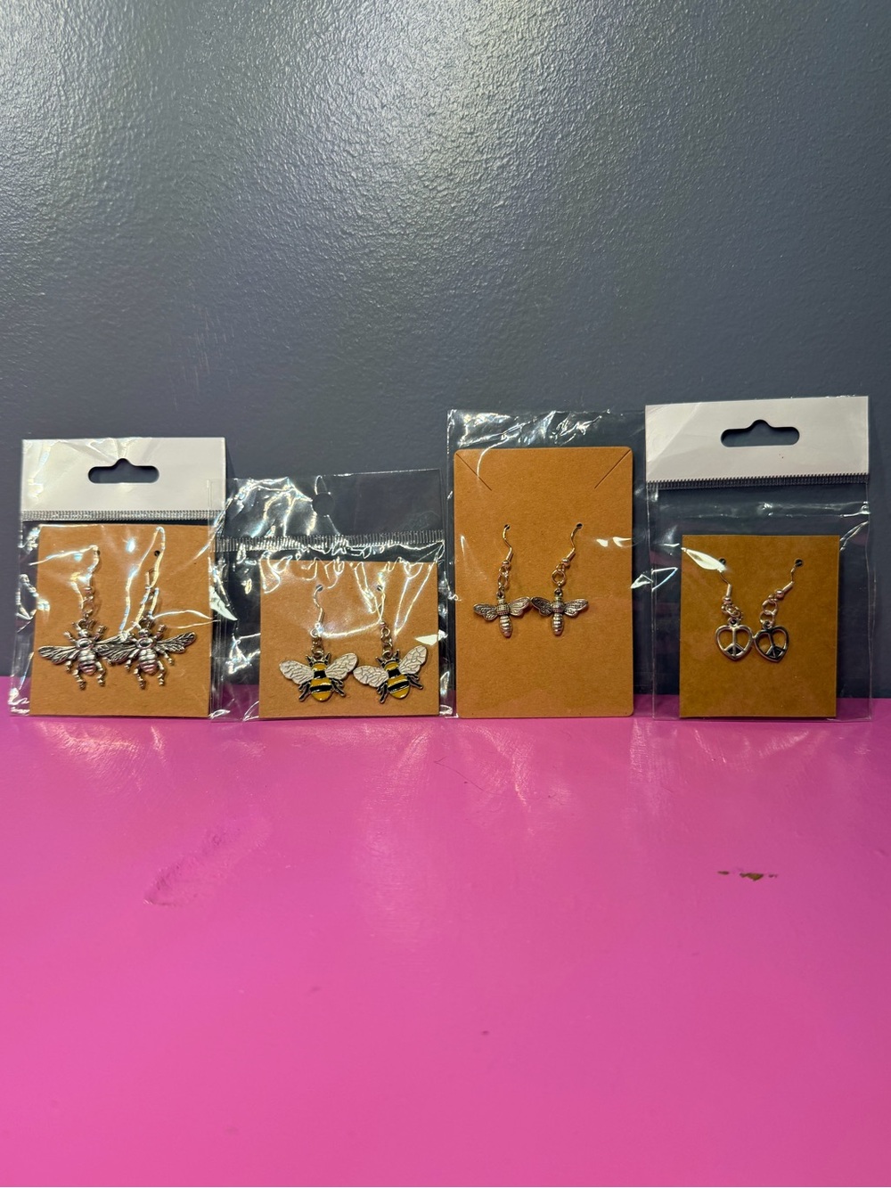 Silver Bee and Heart Charm Earrings - Pack of 4